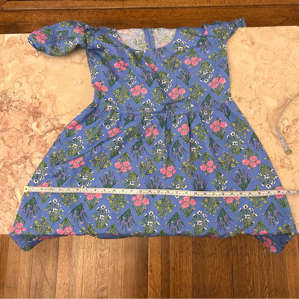 NWT LOFT Size 2 Floral Babydoll Dress Puff Sleeve Blue Linen Cottagecore - Picture 7 of 12